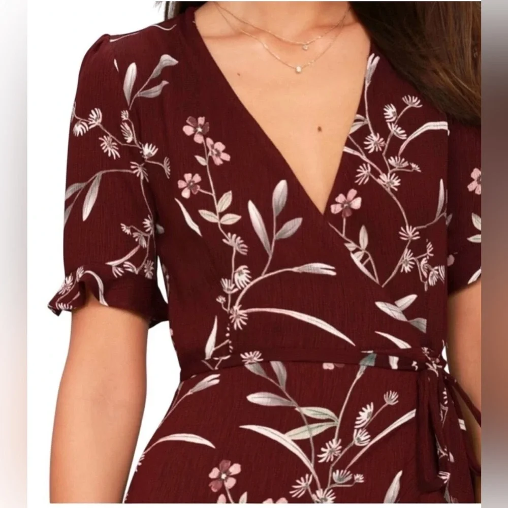 Lulus Wild Winds Burgundy Floral Print High-Low Wrap Dress - Picture 3 of 10